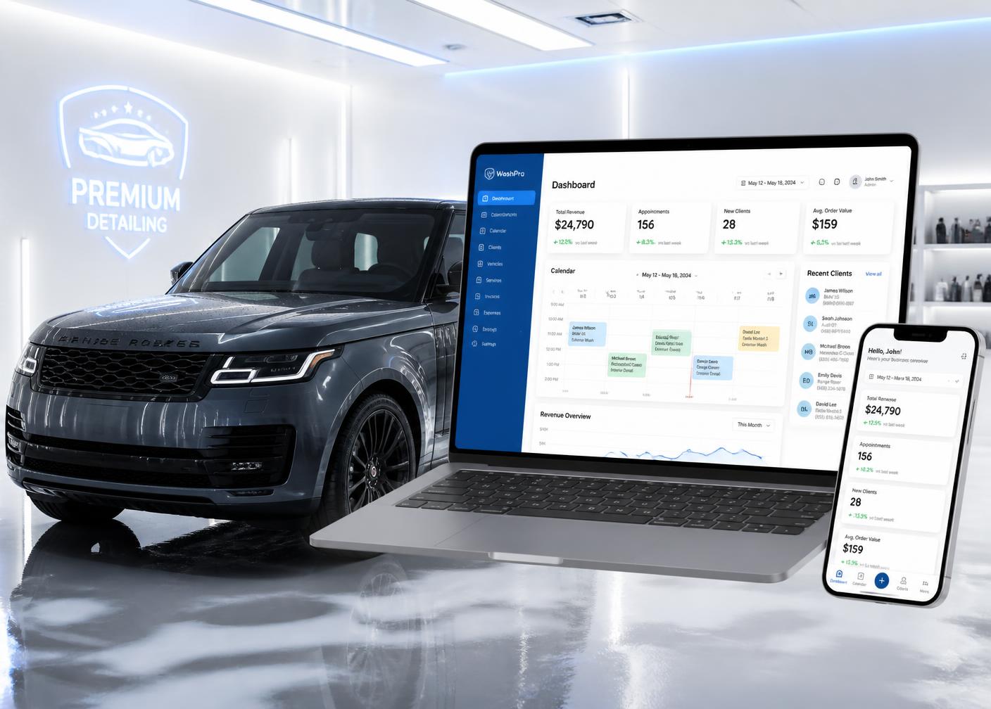 Veículo em estética automotiva ao lado do painel do LavaPro em um notebook e em um celular